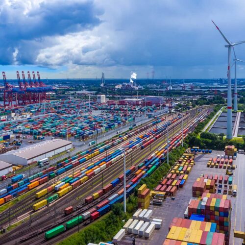 aerial view of a shipping freight dockyard