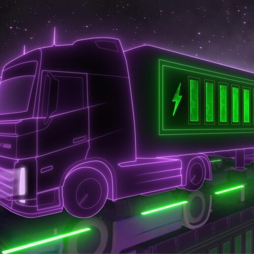 render of neon purple and green electric trucks